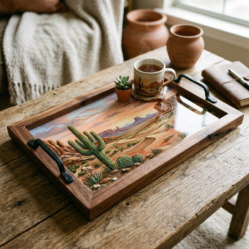 Wood serving tray featuring southwestern desert landscape art with cacti, holding a mug of hot beverage and tiny potted succulent