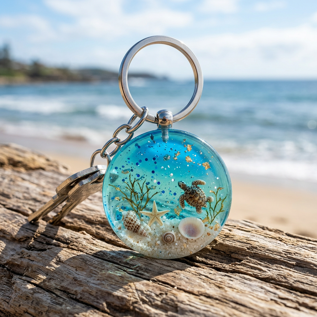Round resin keychain depicting underwater scene with tiny turtle, starfish, shells, and seaweed