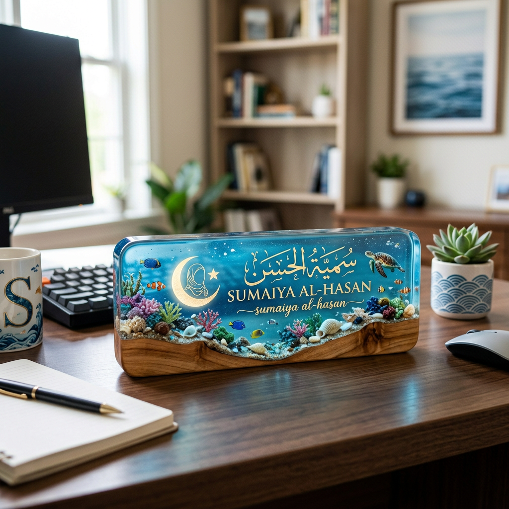 Personalized name plaque with ocean scene, coral, and sea turtle