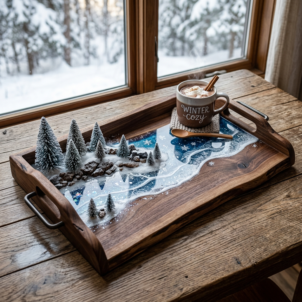 Wooden tray with miniature snow-covered trees and rocks, and a steaming mug labeled 'Winter cozy' with cinnamon sticks
