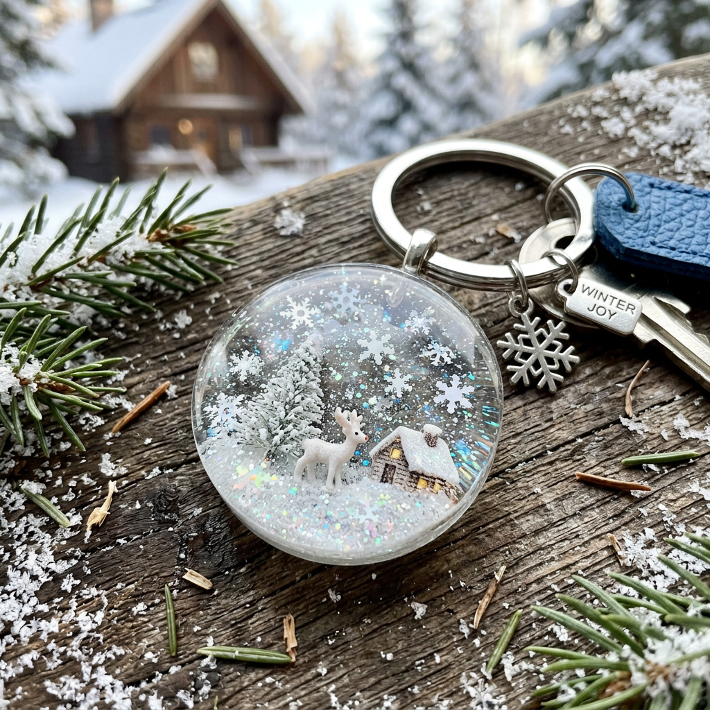 Keychain charm with miniature snowy cabin, pine tree, reindeer, and snowflakes