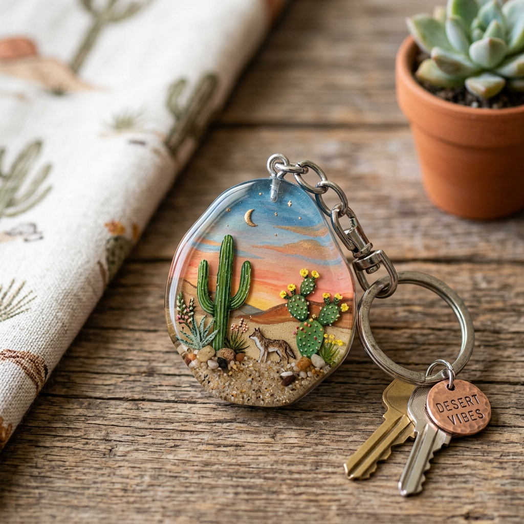 Keychain featuring desert landscape with cacti, a small animal, and sunset sky, attached to keys with a 'Desert Vibes' tag
